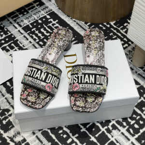 高仿Dior*Dway系列KCO223圓頭套腳拖鞋短踭黑色彩花免檢版