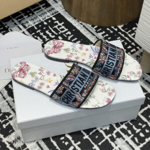 高仿Dior*Dway系列KCO212圓頭套腳拖鞋平底白色彩花免檢版