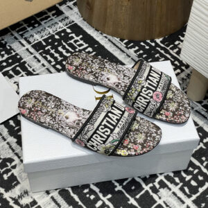 高仿Dior*Dway系列KCO213圓頭套腳拖鞋平底黑色彩花免檢版
