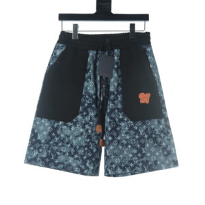 高仿LV*1AFR0055滿印牛仔拼接口袋短褲黑色