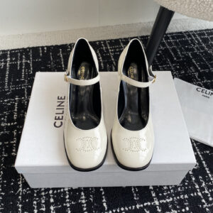 高仿Celine*360314584穿孔LOGO瑪麗珍鞋小牛皮白色6.5CM免檢版