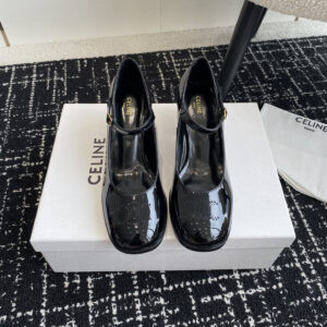 高仿Celine*360314582穿孔LOGO瑪麗珍鞋漆皮黑色6.5CM免檢版