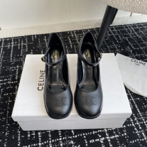高仿Celine*360314583穿孔LOGO瑪麗珍鞋小牛皮黑色6.5CM免檢版