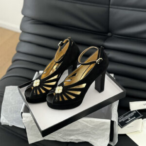 高仿Chanel*G45455B魚嘴花扣絨面高踭鞋黑色11CM免檢版