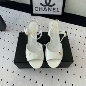 高仿Chanel*G45723A魚嘴高踭鞋漆皮白色5.5CM免檢版