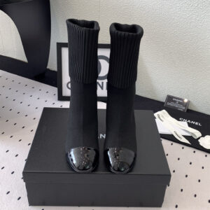 高仿Chanel*G40134Z漆皮織物套筒短靴黑色8CM免檢版