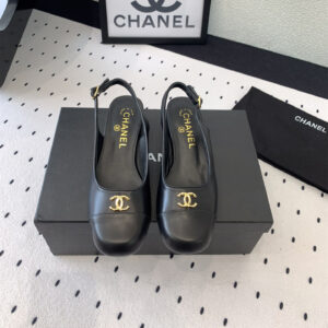 高仿Chanel*G45768B圓頭露跟單鞋小牛皮黑色3.5CM免檢版