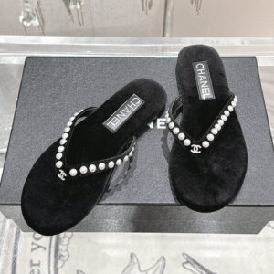 高仿Chanel*25C系列G46205B絲絨珍珠人字拖黑色免檢版