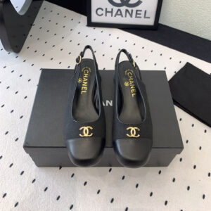 高仿Chanel*G45768A圓頭露跟單鞋織物黑色3.5CM免檢版