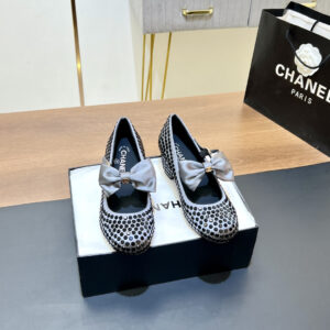 高仿Chanel*G45749A緞子水鑽圓頭單鞋深灰4.5CM免檢版