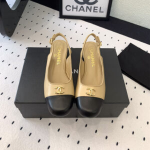 高仿Chanel*G45768D圓頭露跟單鞋小牛皮黃色3.5CM免檢版