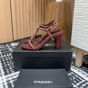 高仿Chanel*25C系列G46109A小羊皮高踭涼鞋紅色8.8CM免檢版