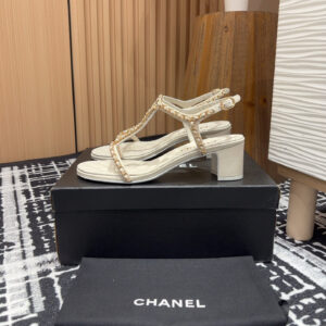 高仿Chanel*25C系列G36122C小羊皮中踭涼鞋白色5CM免檢版