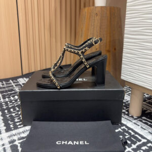高仿Chanel*25C系列G46109X小羊皮高踭涼鞋黑色8.8CM免檢版