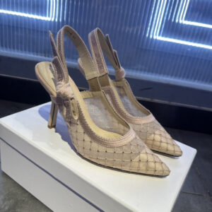 高仿Dior*JAdior系列KCV040尖頭露跟高踭鞋網面6.5CM粉色免檢版