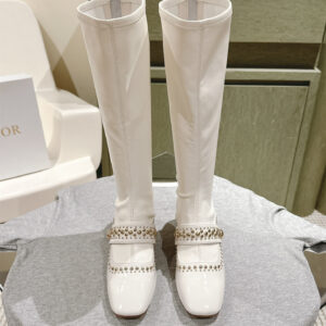 高仿Dior*Belle-D系列KDT063柳釘拉鏈高筒靴4CM白色免檢版