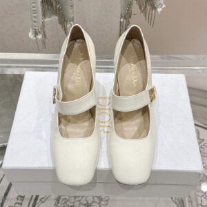 高仿Dior*Miss系列KVV321方頭粗跟單鞋8CM白色漆皮免檢版