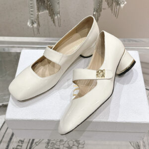 高仿Dior*Miss系列KDC269方頭粗跟單鞋4CM白色漆皮免檢版