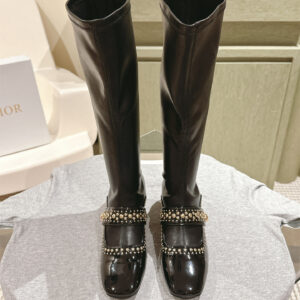 高仿Dior*Belle-D系列KDT064柳釘拉鏈高筒靴4CM黑色免檢版