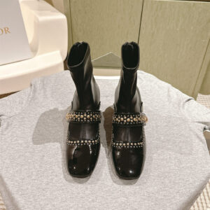 高仿Dior*Belle-D系列KCT065柳釘拉鏈短靴4CM黑色免檢版