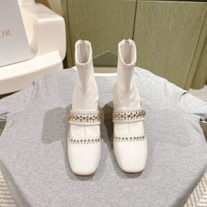 高仿Dior*Belle-D系列KCT064柳釘拉鏈短靴4CM白色免檢版