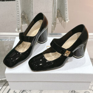 高仿Dior*Miss系列KVV320方頭粗跟單鞋8CM黑色漆皮免檢版