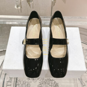 高仿Dior*Miss系列KDC268方頭粗跟單鞋4CM黑色漆皮免檢版