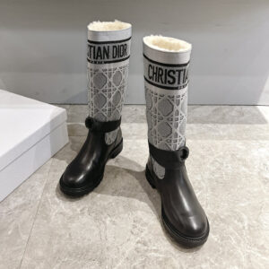 高仿Dior*D-Major系列KCI982圓頭馬丁中筒靴黑灰拼色冬季免檢版