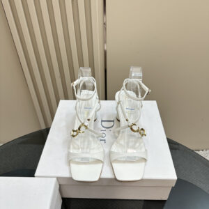 高仿Dior*Cest系列KCO066金屬配飾露趾高跟涼鞋白色8CM免檢版