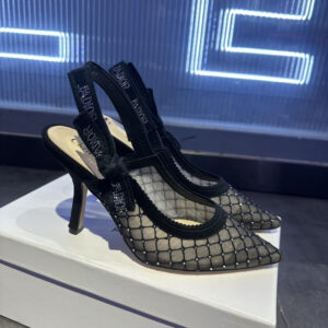 高仿Dior*JAdior系列KCV039尖頭露跟高踭鞋網面6.5CM黑色免檢版