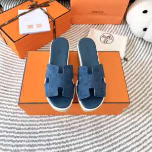 高仿Hermes*H232150ZV9山羊皮厚底涼拖藍色6.5CM免檢版