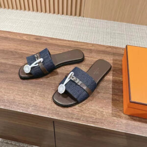 高仿Hermes*H241889ZH48經典一字拖鞋深藍色免檢版