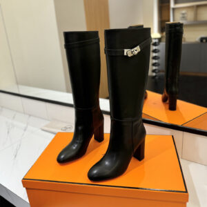 高仿Hermes*H182105ZG02小牛皮高筒靴黑色8.5CM免檢版