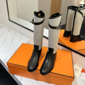 高仿Hermes*H231081ZPN帆布拼皮高筒靴黑色免檢版
