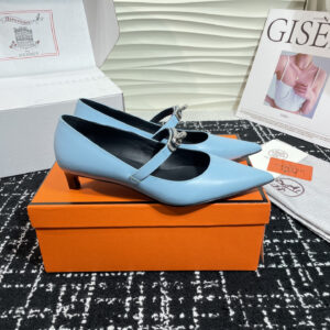 高仿Hermes*Kelly系列H251007Z07小牛皮高踭鞋藍色4CM免檢版