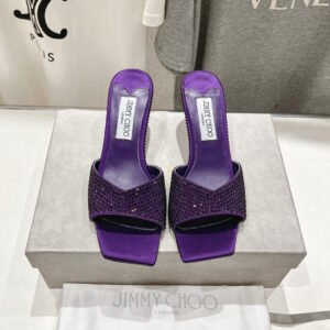 高仿JimmyChoo*SKYE75S方頭一字拖鞋水鑽紫7CM免檢版