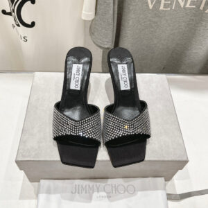 高仿JimmyChoo*SKYE74S方頭一字拖鞋水鑽黑7CM免檢版