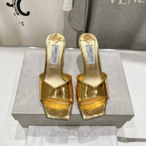 高仿JimmyChoo*SKYE73S方頭一字拖鞋金色7CM免檢版