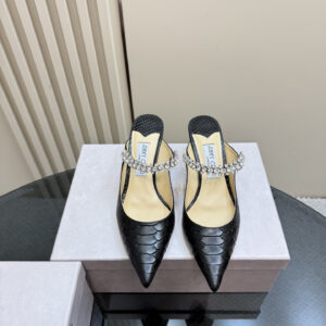 高仿JimmyChoo*BING65C尖頭水晶鏈高踭拖鞋黑色6CM免檢版