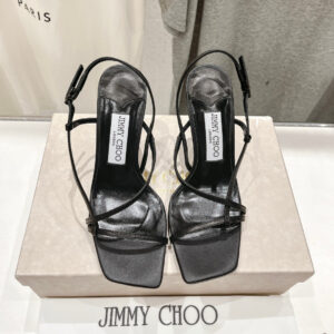 高仿JimmyChoo*ETANA95交叉塔扣高踭涼鞋黑色9.5CM免檢版