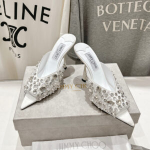 高仿JimmyChoo*MARYAN1包邊一字拖鞋白色10CM免檢版