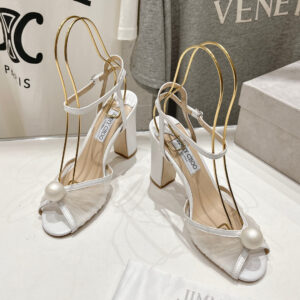 高仿JimmyChoo*SACARIA珍珠一字涼鞋粗高踭白色10CM免檢版