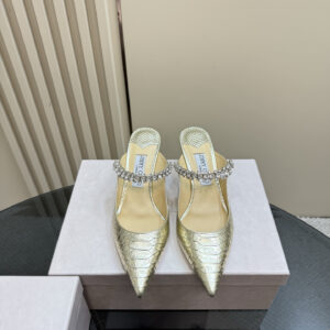 高仿JimmyChoo*BING65Q尖頭水晶鏈高踭拖鞋金色6CM免檢版