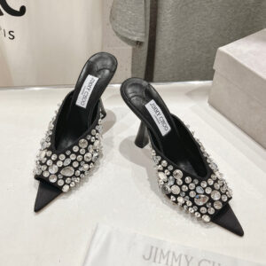 高仿JimmyChoo*MARYAN2包邊一字拖鞋黑色10CM免檢版