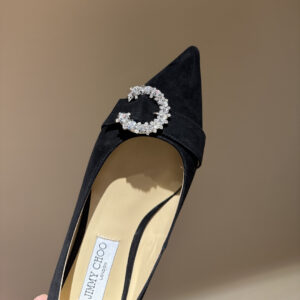 高仿JimmyChoo*SARESA6水晶塔扣尖頭平底鞋黑色免檢版