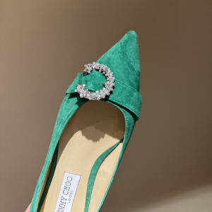 高仿JimmyChoo*SARESA1水晶塔扣尖頭平底鞋綠色免檢版