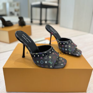 高仿LV*25春夏系列1AGWOP高踭拖鞋村上隆聯名款黑色免檢版