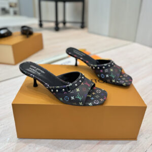 高仿LV*25春夏系列1AGWQH中踭拖鞋村上隆聯名款黑色免檢版