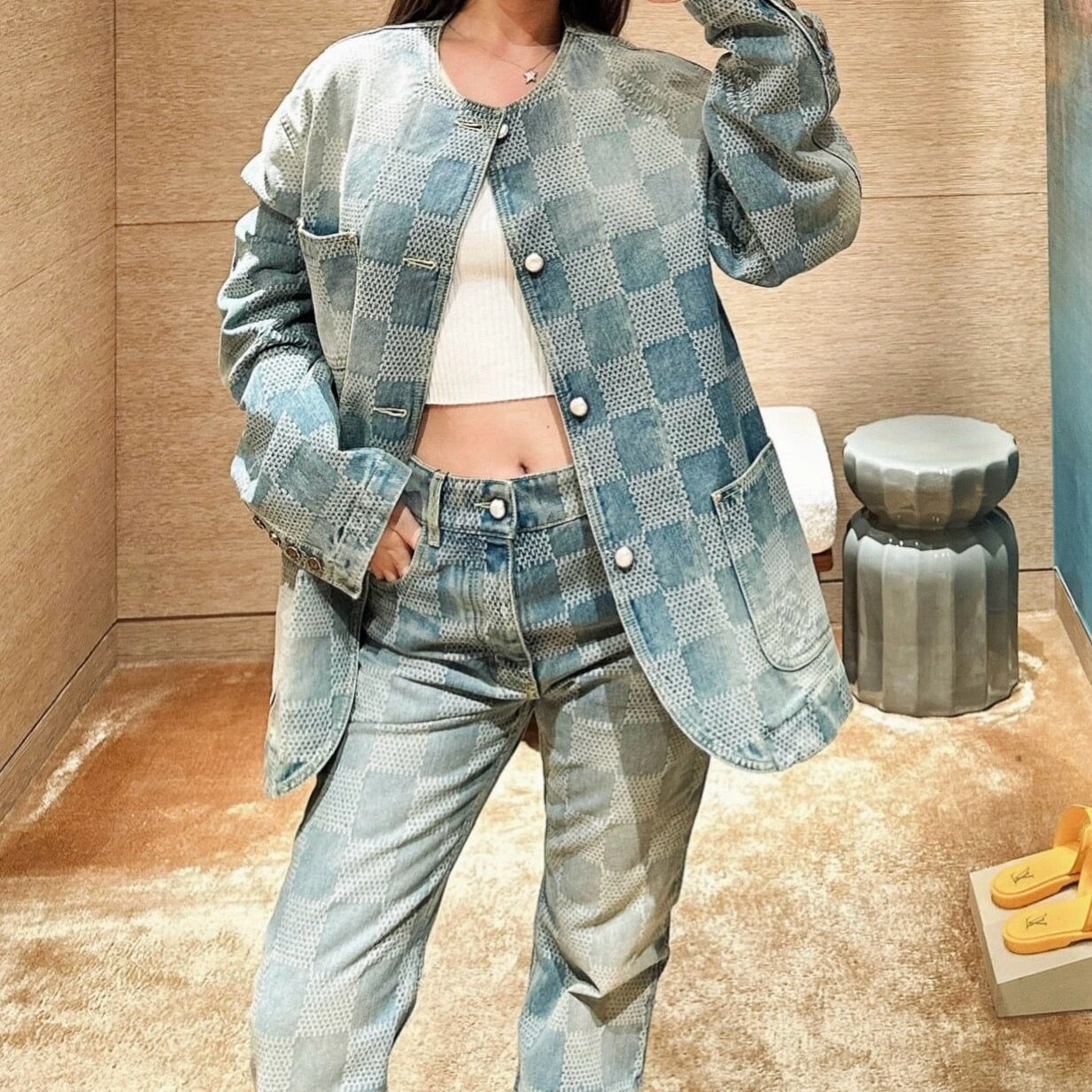 高仿LV*Damier系列1AFI22棋盤格牛仔長褲 - Image 17