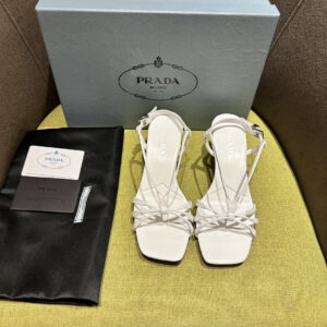 高仿Prada*1X504A方頭一字中踭涼鞋5.5CM白色免檢版